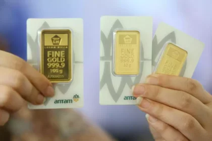 A person holding three certified Antam gold bars in 100g and 50g sizes, showcasing the official LM packaging.