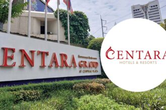A CENTEL Centara Grand Hotels and Resorts sign in front of a modern building with a clear logo overlay.
