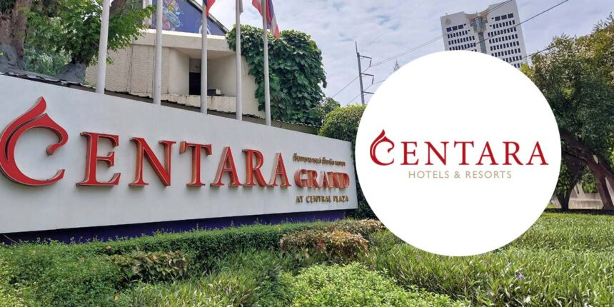 A CENTEL Centara Grand Hotels and Resorts sign in front of a modern building with a clear logo overlay.