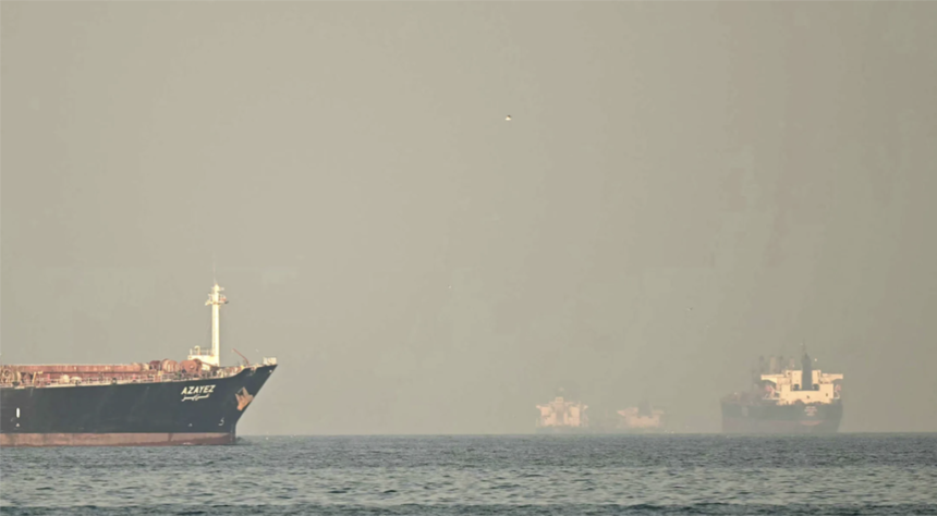 Tankers moving through the Strait of Hormuz, a critical maritime chokepoint for the global oil supply chain.