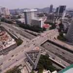 Aerial view of a busy highway intersection in Malaysia, reflecting regional infrastructure amidst low inflation rates.
