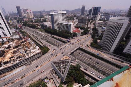Aerial view of a busy highway intersection in Malaysia, reflecting regional infrastructure amidst low inflation rates.