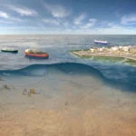 An aerial digital illustration of the offshore Abadi Field subsea infrastructure within the Masela Block.