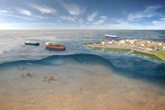 An aerial digital illustration of the offshore Abadi Field subsea infrastructure within the Masela Block.