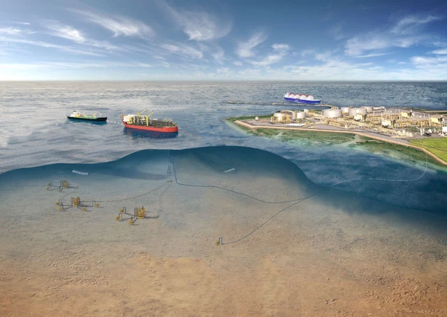 An aerial digital illustration of the offshore Abadi Field subsea infrastructure within the Masela Block.