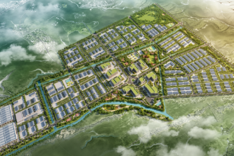 An aerial view of the 199.2-hectare industrial park in An Giang showing a modern, integrated logistics hub.