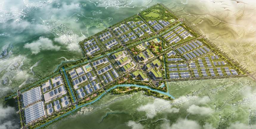 An aerial view of the 199.2-hectare industrial park in An Giang showing a modern, integrated logistics hub.