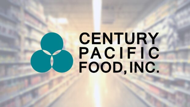 The official corporate logo of Century Pacific Food Inc displayed against a blurred retail background.