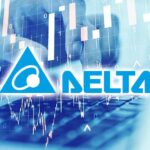 The DELTA Electronics logo overlaid on a financial stock chart, representing market performance and growth.