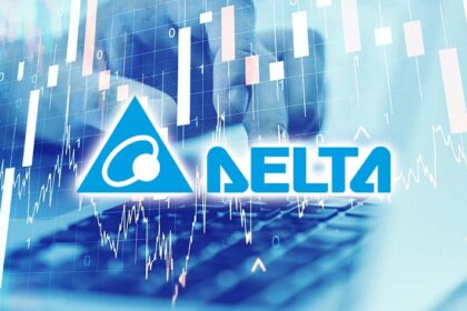 The DELTA Electronics logo overlaid on a financial stock chart, representing market performance and growth.