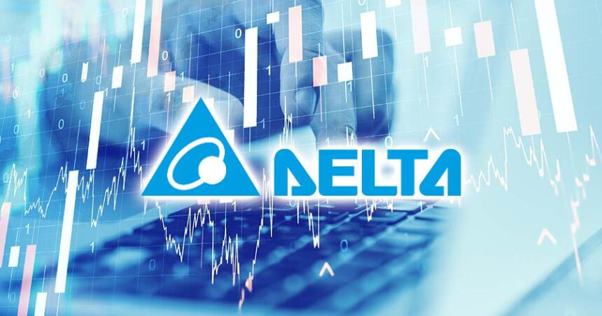 The DELTA Electronics logo overlaid on a financial stock chart, representing market performance and growth.
