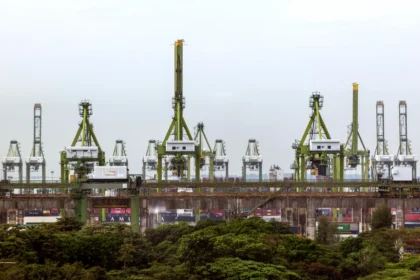 Port cranes and containers at Keppel Terminal will be relocated to make way for the Greater Southern Waterfront project.