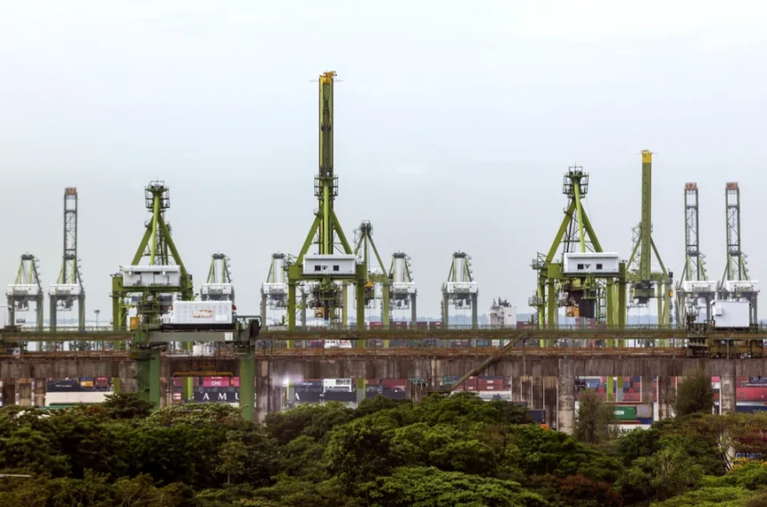 Port cranes and containers at Keppel Terminal will be relocated to make way for the Greater Southern Waterfront project.