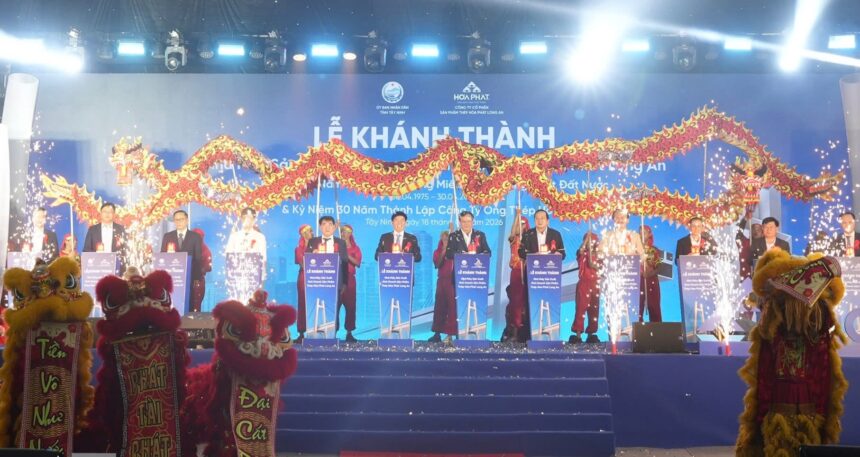 Dignitaries and dragon dancers celebrate the grand inauguration of the new steel plant by Hoa Phat in Tay Ninh.