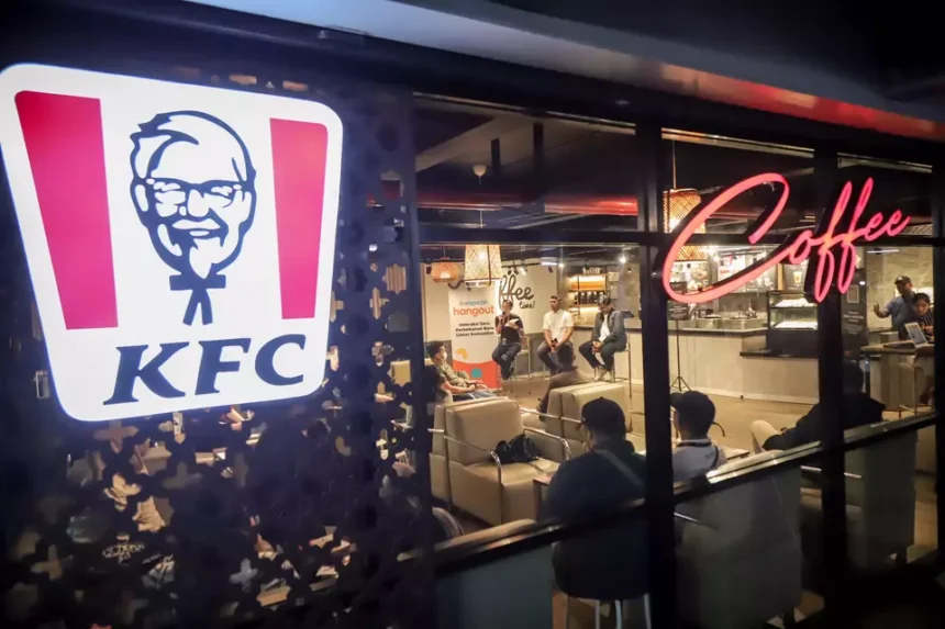 An illuminated KFC sign outside a modern restaurant outlet featuring a specialized coffee seating area.