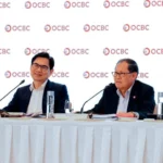 Chairman Andrew Lee and CEO Tan Teck Long speaking during the OCBC annual general meeting in Singapore.