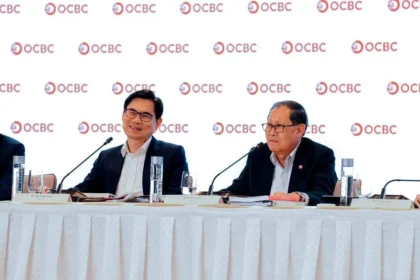Chairman Andrew Lee and CEO Tan Teck Long speaking during the OCBC annual general meeting in Singapore.