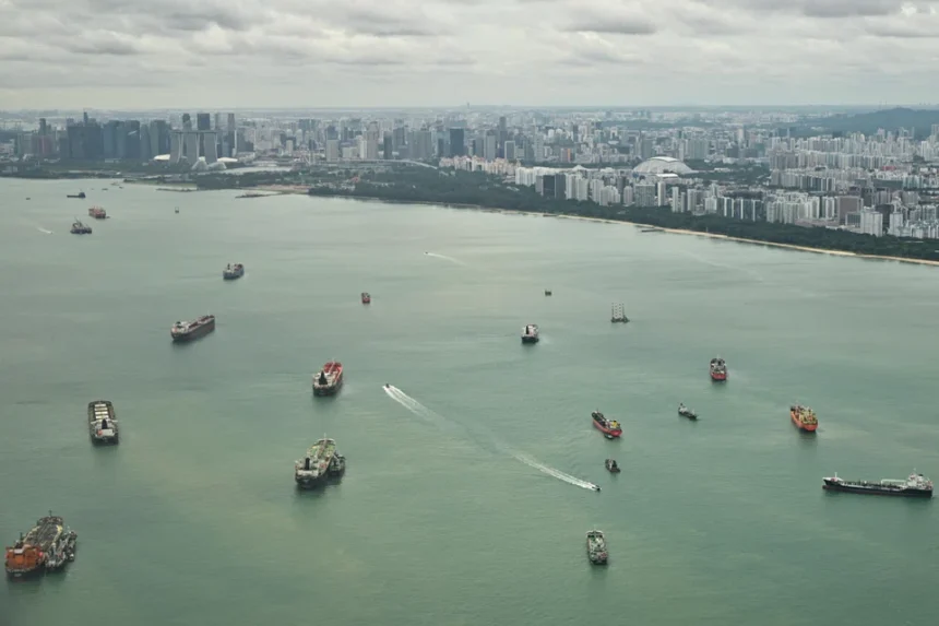 Cargo ships in the Singapore Strait, representing the critical global trade interests defended by SBF.