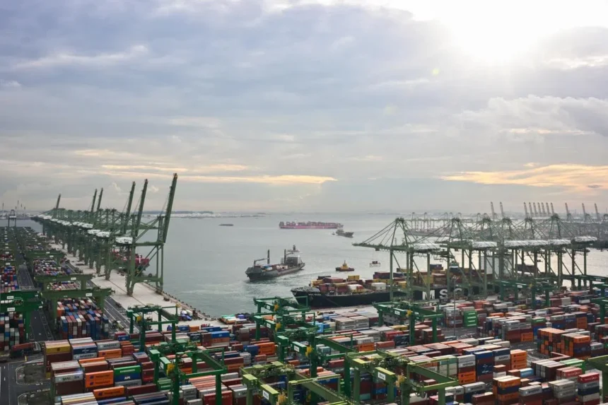 Aerial view of Singapore port terminals where slow steaming vessels arrive to manage fuel costs and trade flow.