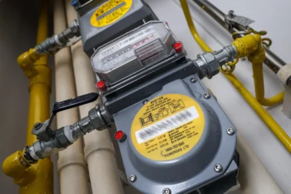 A close-up of residential gas meters in Singapore, monitored closely as global energy costs fluctuate.
