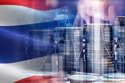 Stacked coins overlaid with the Thai flag and financial charts, representing growth trends in Thailand's banking sector.