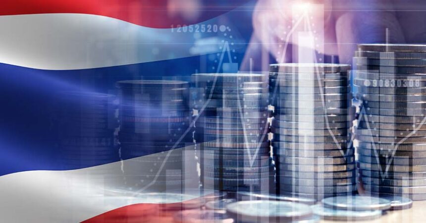 Stacked coins overlaid with the Thai flag and financial charts, representing growth trends in Thailand's banking sector.