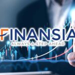 The Finansia logo appears above a rising stock chart and a person's hand pointing up toward a bright peak.