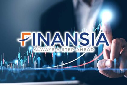 The Finansia logo appears above a rising stock chart and a person's hand pointing up toward a bright peak.