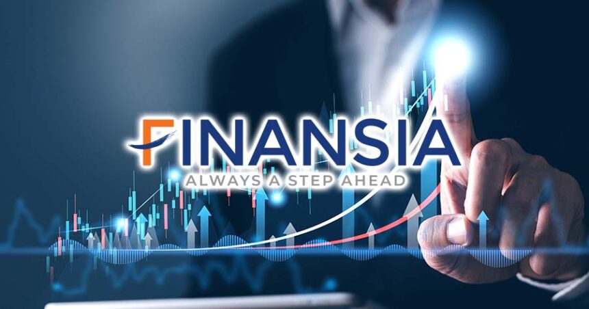 The Finansia logo appears above a rising stock chart and a person's hand pointing up toward a bright peak.