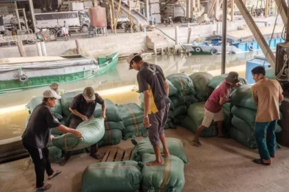 Workers loading heavy sacks at a riverside warehouse, supporting the trade cycle after planting rice is complete.