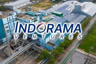 Aerial view of an Indorama Ventures industrial manufacturing facility with the corporate logo overlay.