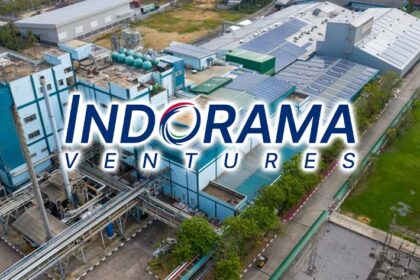Aerial view of an Indorama Ventures industrial manufacturing facility with the corporate logo overlay.