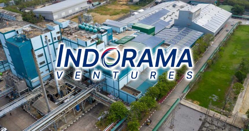 Aerial view of an Indorama Ventures industrial manufacturing facility with the corporate logo overlay.