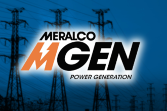 Meralco MGEN Power Generation logo set against a blue background with high voltage transmission towers.