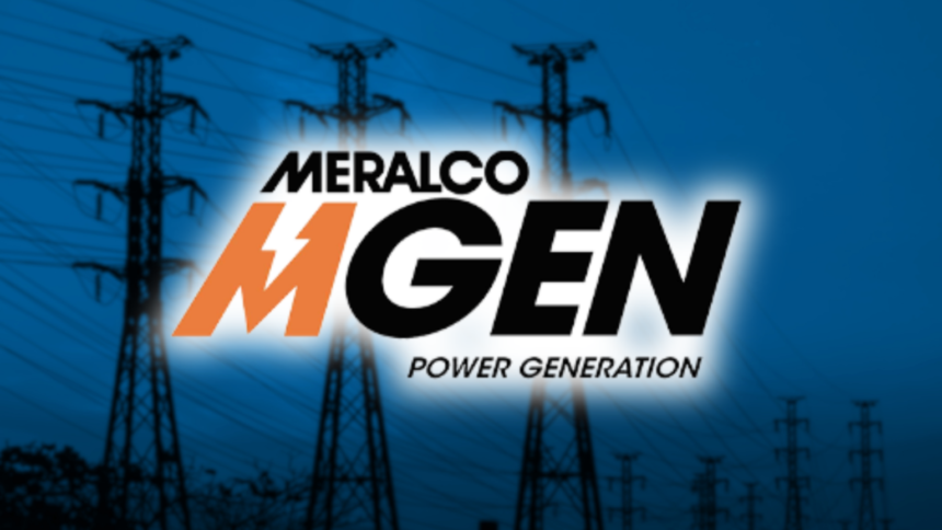 Meralco MGEN Power Generation logo set against a blue background with high voltage transmission towers.