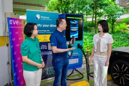 Officials gathered at Tengah HDB car park for the launch of Singapore’s newest electric vehicle fast-charging hub.