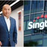 Group CEO Yuen Kuan Moon alongside the company logo as Singtel navigates regional telecommunications consolidation.