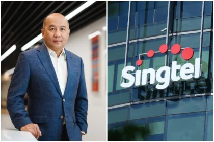 Group CEO Yuen Kuan Moon alongside the company logo as Singtel navigates regional telecommunications consolidation.
