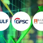 Corporate logos of GULF, GPSC, and B.Grimm over a green stock chart tracking power plant equity growth.