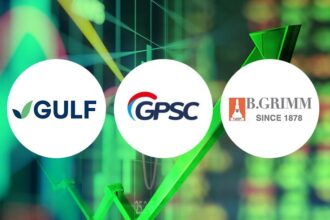 Corporate logos of GULF, GPSC, and B.Grimm over a green stock chart tracking power plant equity growth.
