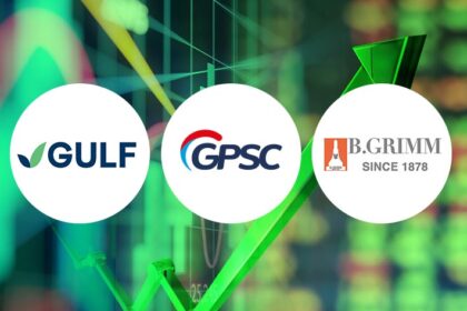 Corporate logos of GULF, GPSC, and B.Grimm over a green stock chart tracking power plant equity growth.