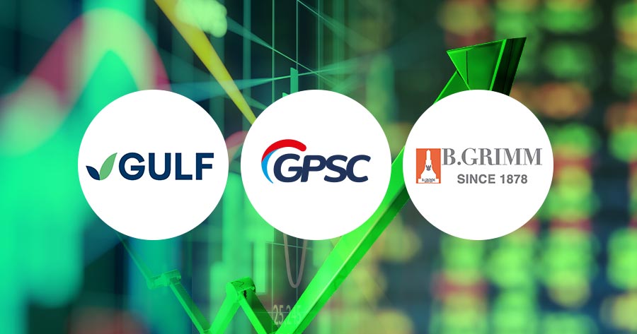 Corporate logos of GULF, GPSC, and B.Grimm over a green stock chart tracking power plant equity growth.