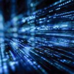 Blue digital data streams representing the advanced technology and infrastructure focus of Vingroup.