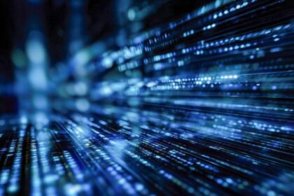 Blue digital data streams representing the advanced technology and infrastructure focus of Vingroup.