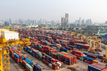 Cargo containers at a major shipping port handling trade logistics crucial for national car production exports.