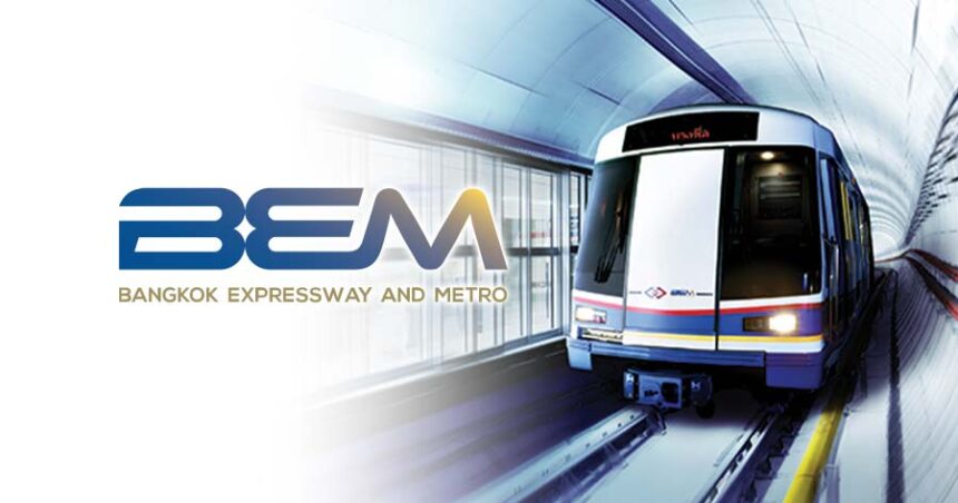 An underground metro train traveling through a tunnel next to the official BEM corporate brand logo.