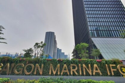 The exterior signboard of Saigon Marina IFC highlights the development of an integrated regional maritime financial hub.
