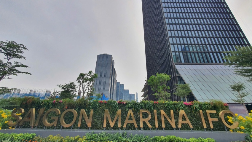 The exterior signboard of Saigon Marina IFC highlights the development of an integrated regional maritime financial hub.