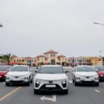 A fleet of VinFast electric vehicles lined up on a city street during a corporate presentation.