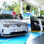 VinFast VF8 electric cars on display at a showroom, showcasing the innovative automotive sector of Vingroup.